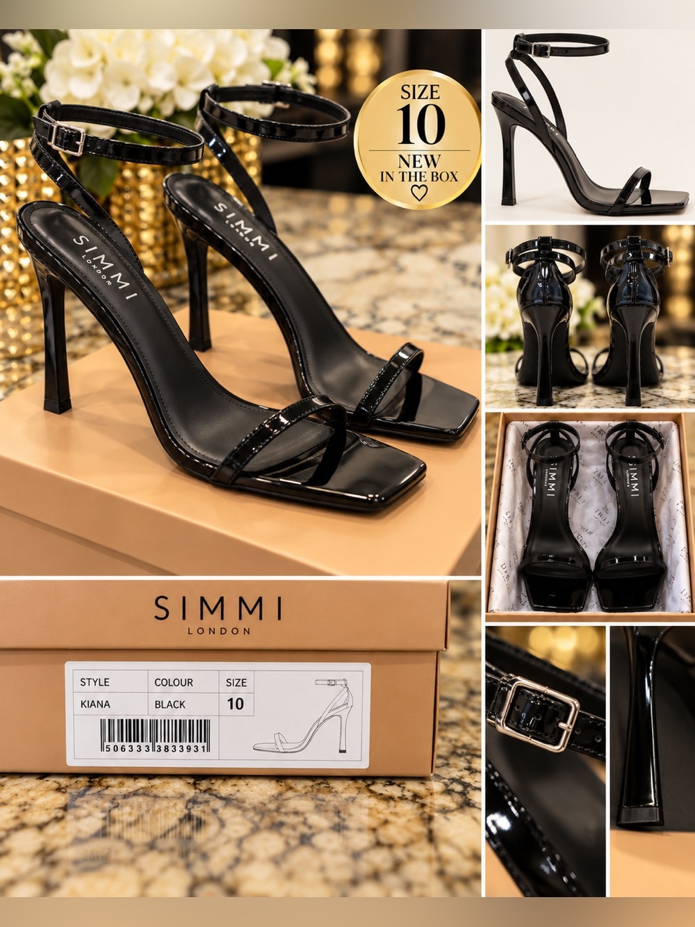 SIMMI London Black Patent Strappy Heels Size 10 NIB